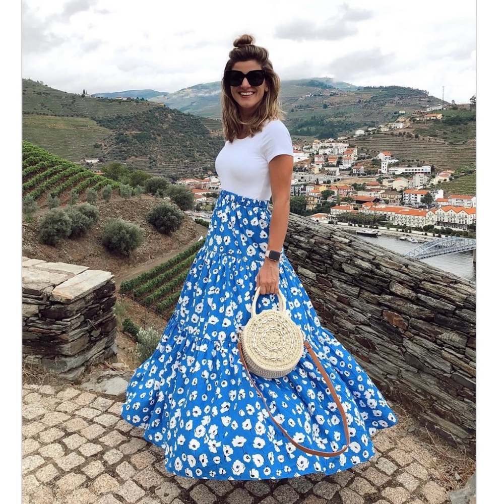 Zara Blue and White Tiered Maxi Skirt Resort Wear